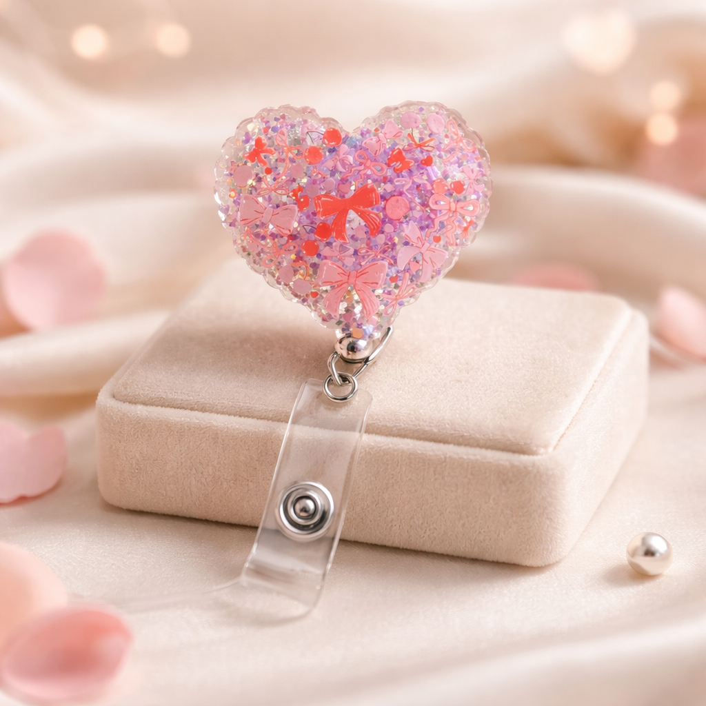 Pink and Red Heart with Bows Badge Reel