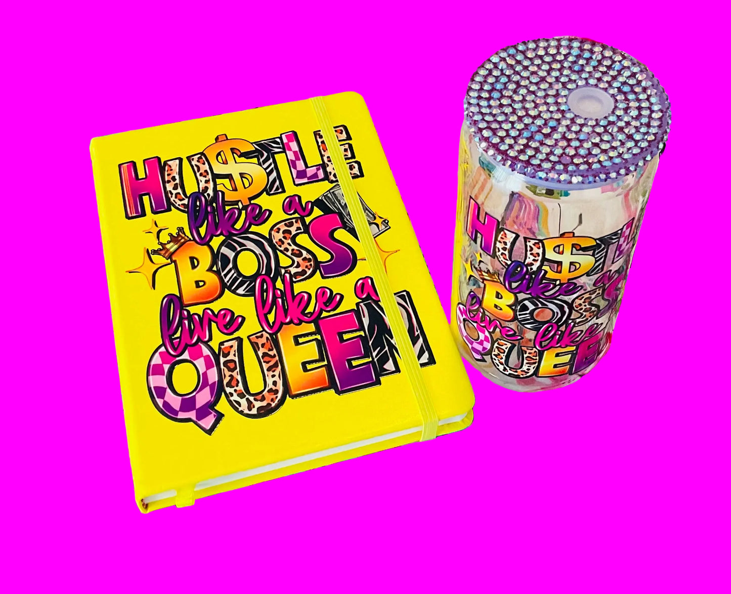 Matching Hustle Like a Boss Notebook and Glass Cup Set